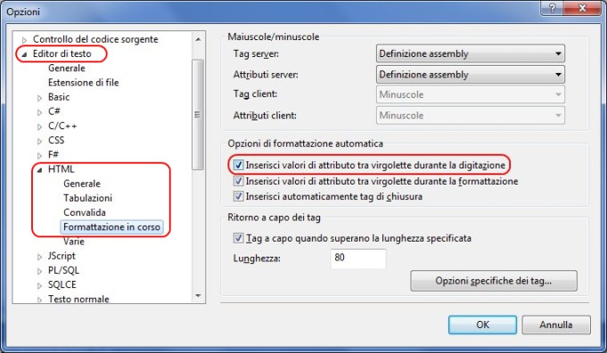 Finestra Opzioni di Visual Studio per la formattazione dell'Editor di testo nel codice HTML