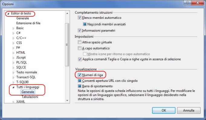 Finestra delle Opzioni di Visual Studio per l'impostazione della visualizzazione dei numeri di righe nell'Editor di testo di tutti i linguaggi