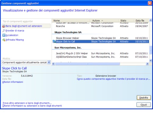 Finestra Gestione dei Componenti aggiuntivi d'Internet Explorer per disabilitare il servizio Click to Call di Skype