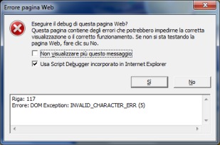Finestra d'errore generata da una eccezione nel DOM del browser relativa al messaggio DOM Exception: INVALID_CHARACTER_ERR (5)