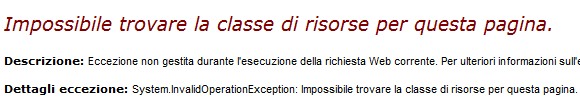 Pagina con l'eccezione Impossibile trovare la classe di risorse per questa pagina