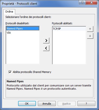 Finestra delle proprietà dei protocolli di rete client di Sql Server nella quale impostare l'ordine di utilizzo