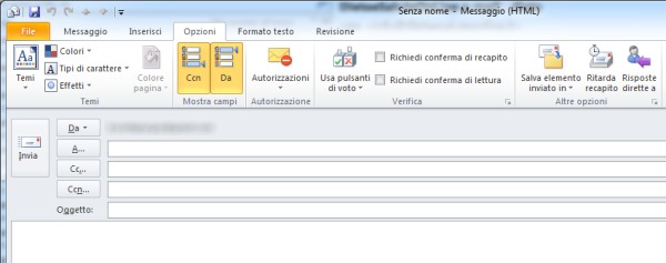 messaggio di posta elettronica di Outlook 2010 con la visualizzazione del campo Copia carbone nascosta (Ccn) e Mittente (Da:)