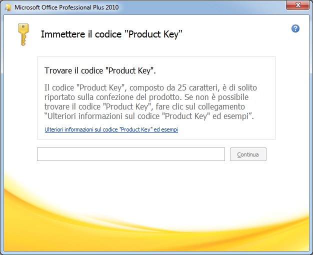 immettere il codice product key di microsoft office