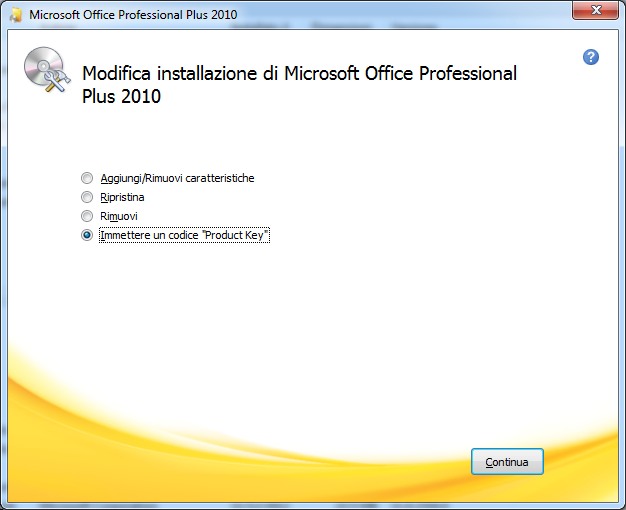 finestra di dialogo modifica installazione microsoft office plus 2010