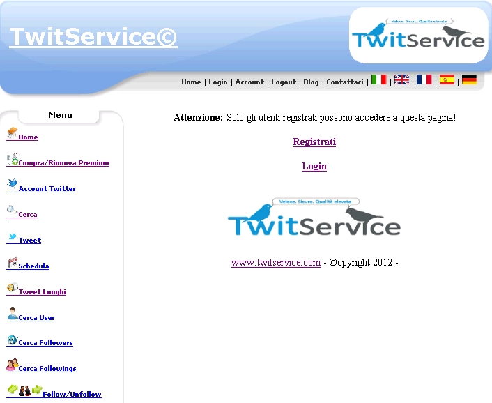 il menu di utilizzo del servizio TwitDesk