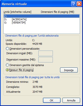 Scheda per la gestione della Memoria Virtuale e del File di Paging in Windows