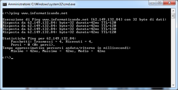 il comando ping della finestra dos