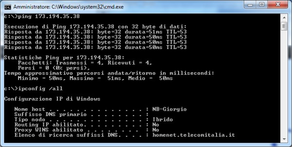 esecuzione dei comandi di rete dal dos