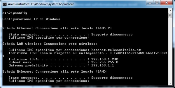 il comando ipconfig eseguito al prompt della finestra dos