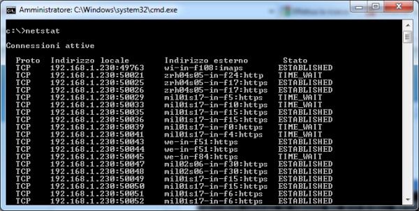 Il comando netstat eseguito al prompt del dos