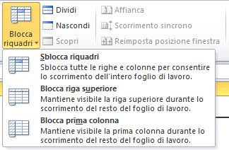 tasto blocca riquadri selezionato in Excel