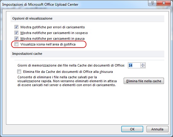 Finestra Windows per la gestione delle impostazioni di Microsoft Upload Center