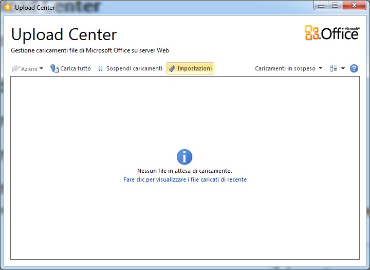 finestra per la gestione dei file e delle impostazioni di Microsoft Upload Center
