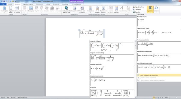 Selezione di equazioni matematiche predefinite in Word