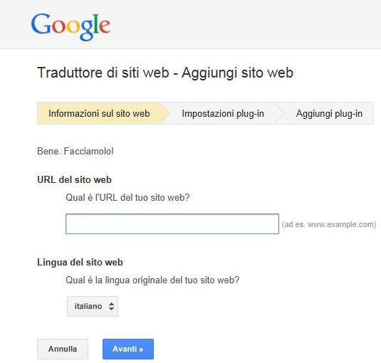 Traduttore di siti web - Aggiungi Sito Web