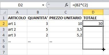 applicare una formula excel a più celle col trascinamento del mouse