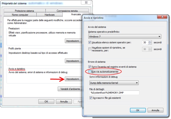 Finestra Proprietà di Sistema e Avvio e Ripristino di Windows