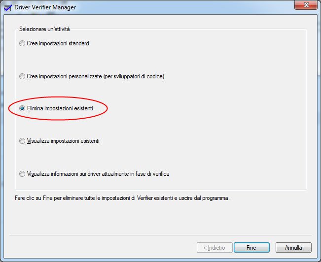 Driver Verifier Manager elimina impostazioni esistenti