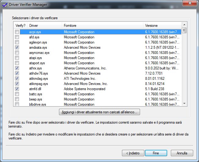 Driver Verfier Manager Selezione dei Driver