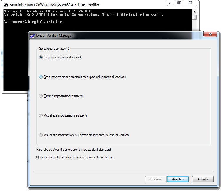 Finestra Driver Verifier Manager di Windows