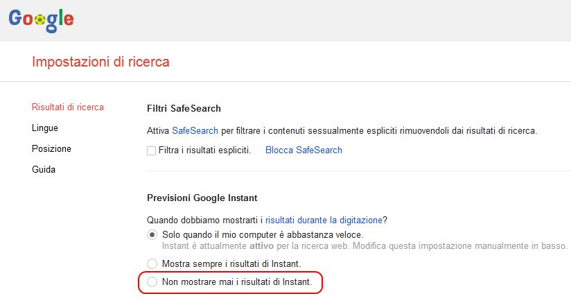non mostrare mai i risultati di Istant