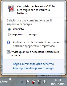 notifica Windows Cmpletamente carica. è consigliabile sostituire la batteria