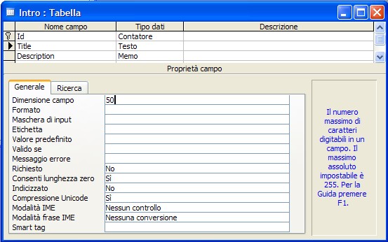 Dimensione Campo di una tabella Access in Visualizzazione Struttura