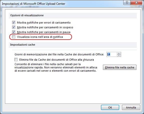 Upload Center disattivare Visualizza icona nell'area di notifica Finestra Windows per la gestione delle impostazioni di Microsoft Upload Center