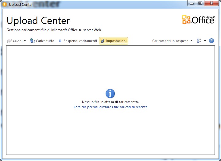 Gestione caricamenti file di Microsoft Office su server web finestra per la gestione dei file e delle impostazioni di Microsoft Upload Center
