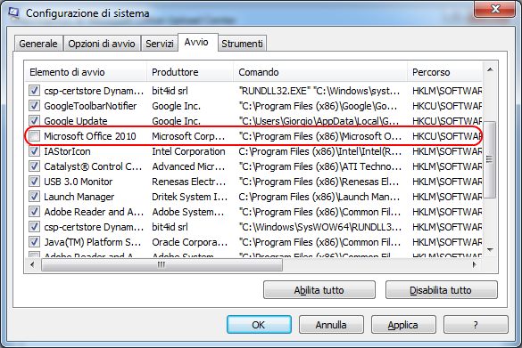 Disattivare Microsoft Office 2010 dagli elementi di avvio in msconfig Finestra Configurazione di Sistema (msconfig) elementi di avvio